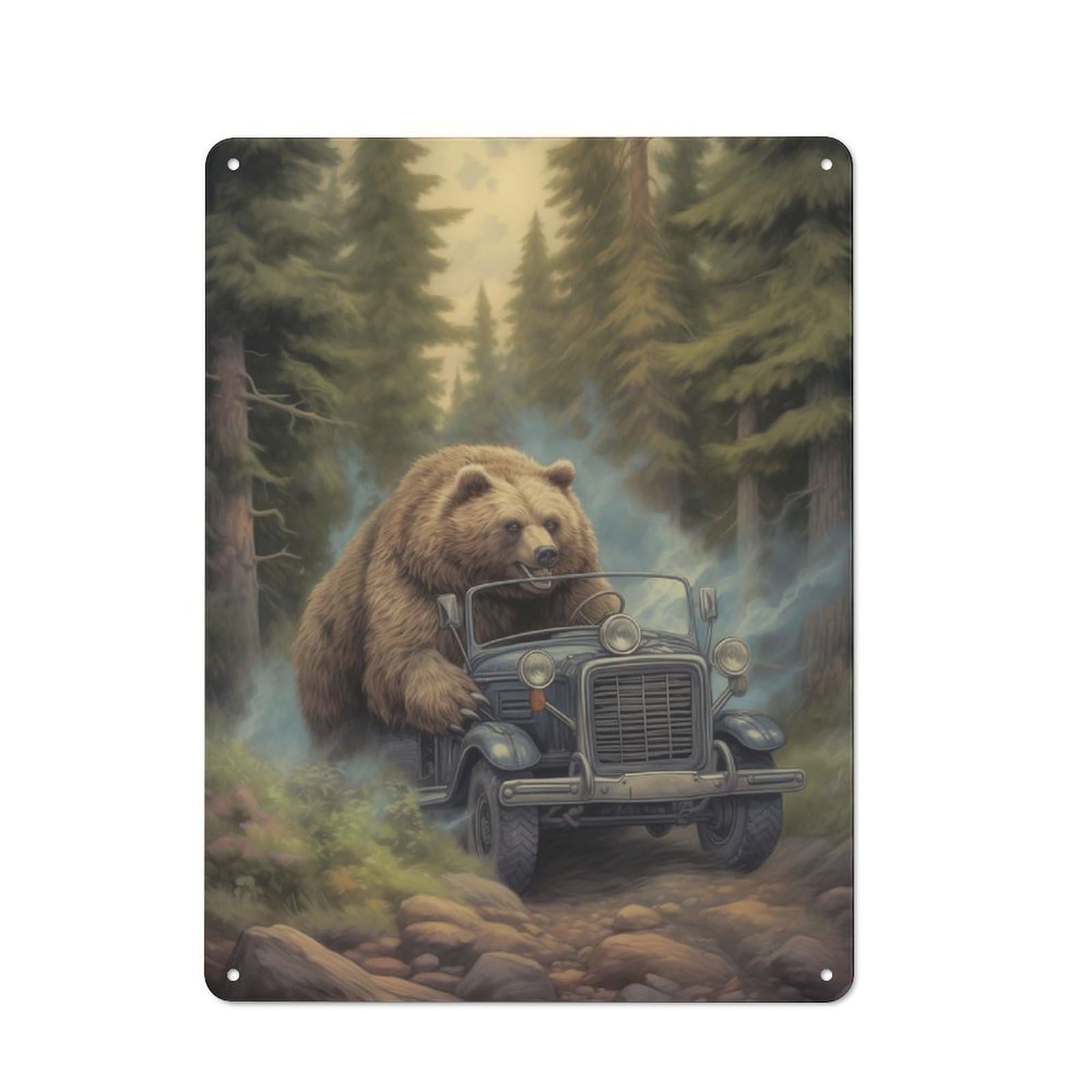 Bistro Style Bear on The Run Decorative Metal Plaque 40x30cm, Bistro Wall Plaque for Tea Room, Shop Wall Or Breakfast Area