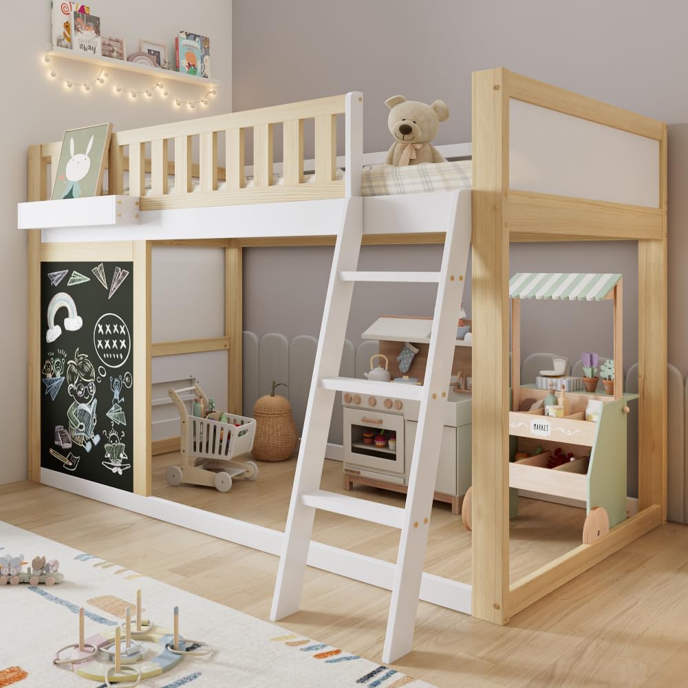 Lit mezzanine 90 x 200 cm, lit enfant avec petit tableau à peindre avec récipient,lit superposé enfant garde-corps de sécurité, espace de rangement réglable individuellement sous le lit, blanc