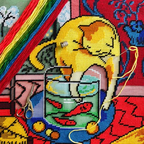 Image of Brvsk Artistic Embroidery Kit for Adults and Beginners - Cat with Fish 16″ x 16″ with Clear, Precise Printed Design on Cotton Canvas; Includes 2 Needles, Yarn, and Easy-Read Chart