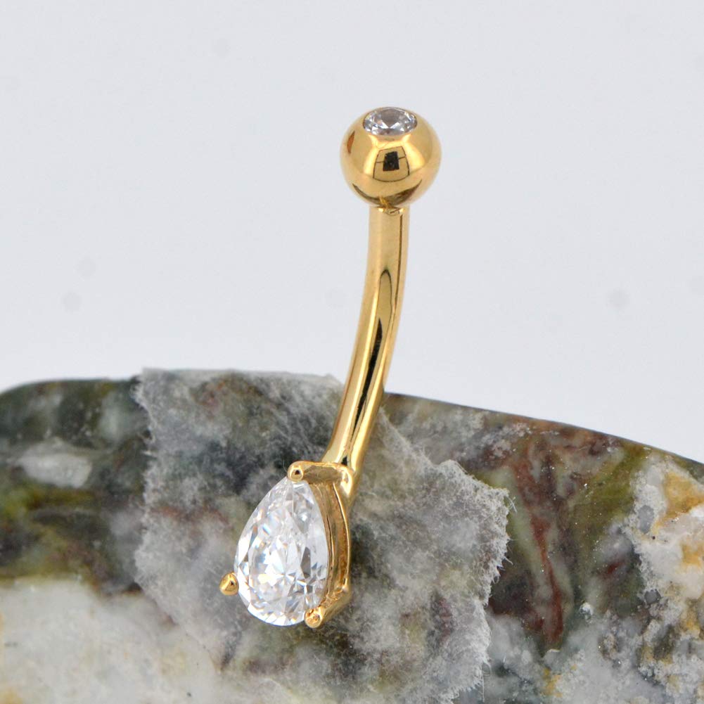 OUFER Anillo de ombligo de oro macizo de 14K con forma de lágrima transparente CZ Clear Teardrop CZ Navel Anillos Belly Bars Bauchnabel piercing en nabel, 10 mm, metal