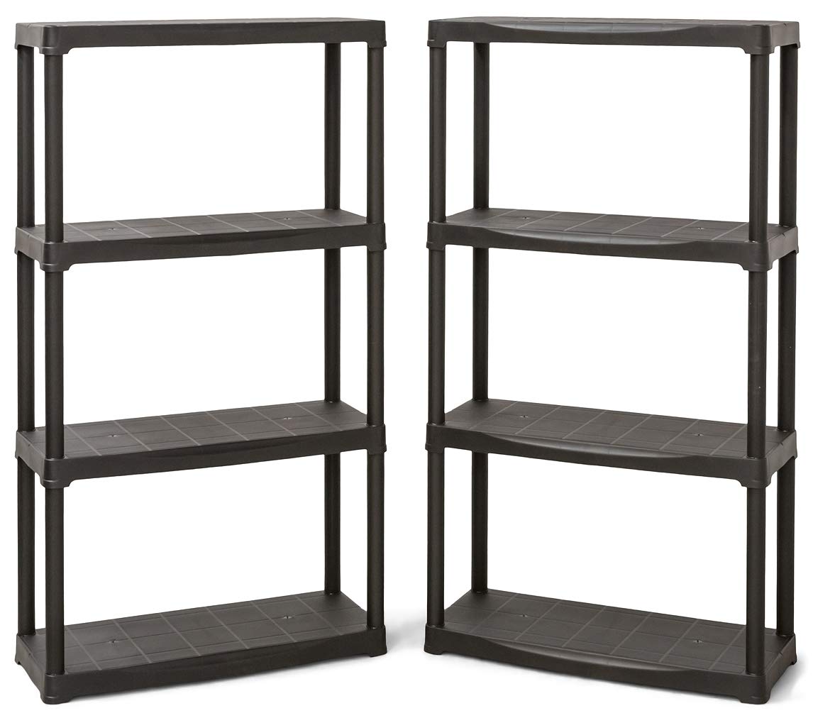 Pack of 2 Plastic Shelving Units (4 Levels) - Weatherproof & Damp Proof Shed/Garage Storage