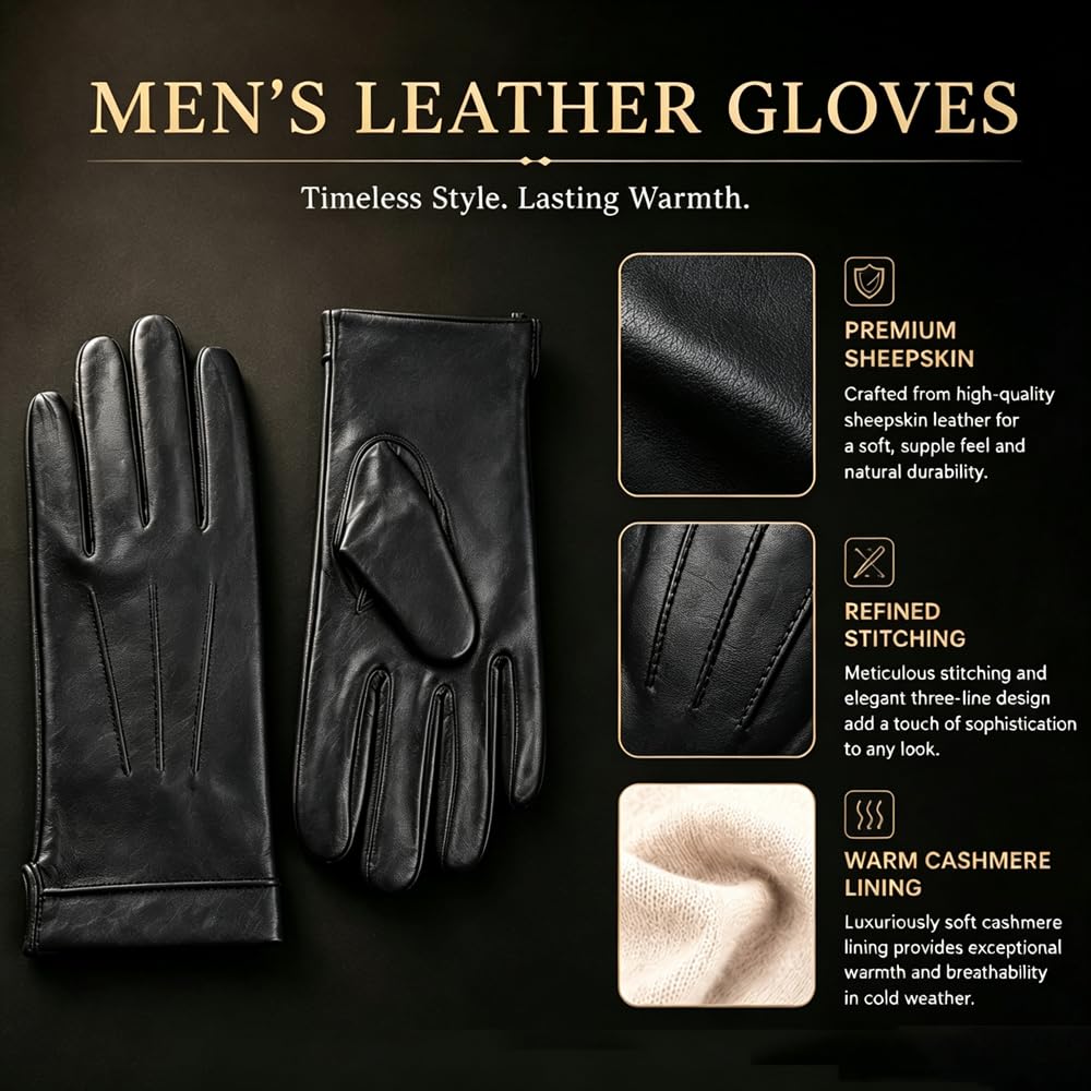 Harssidanzar Gants en cuir à écran tactile pour hommes doublure en cachemire gants en cuir de mouton SM052EU