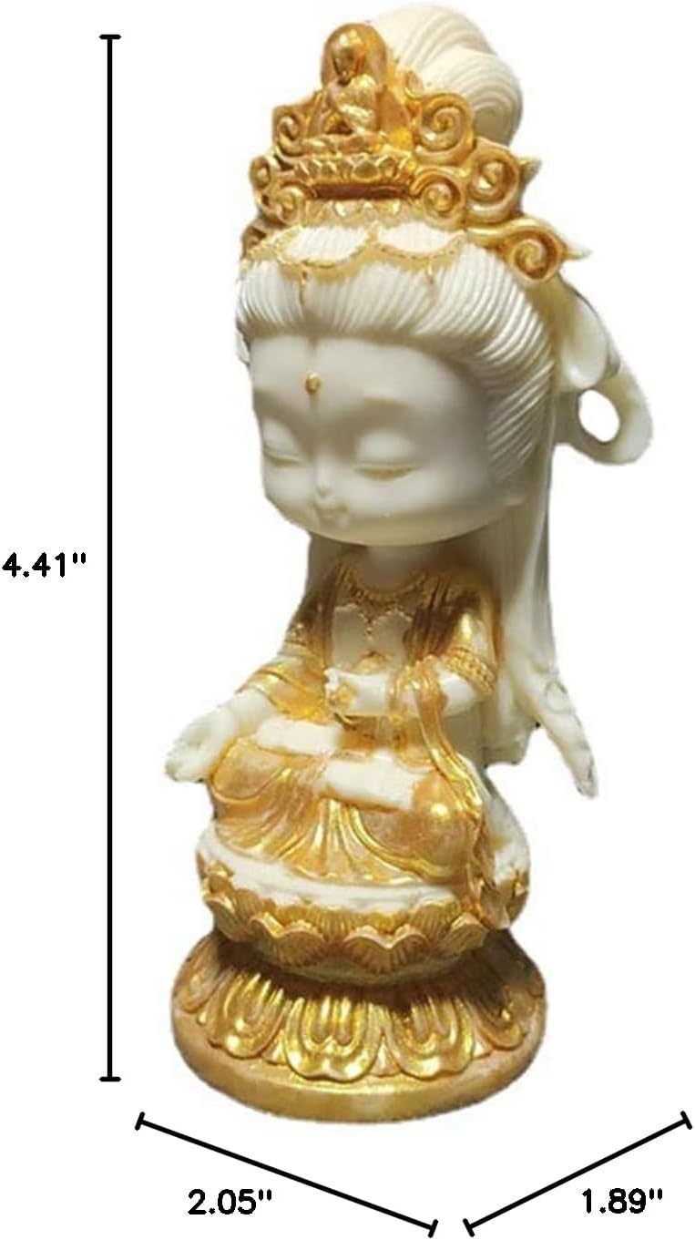 Cute Guan Yin Statue - Feng Shui Decor, Mini Cartoon Kuan Yin Statue for Home, Office, Garden