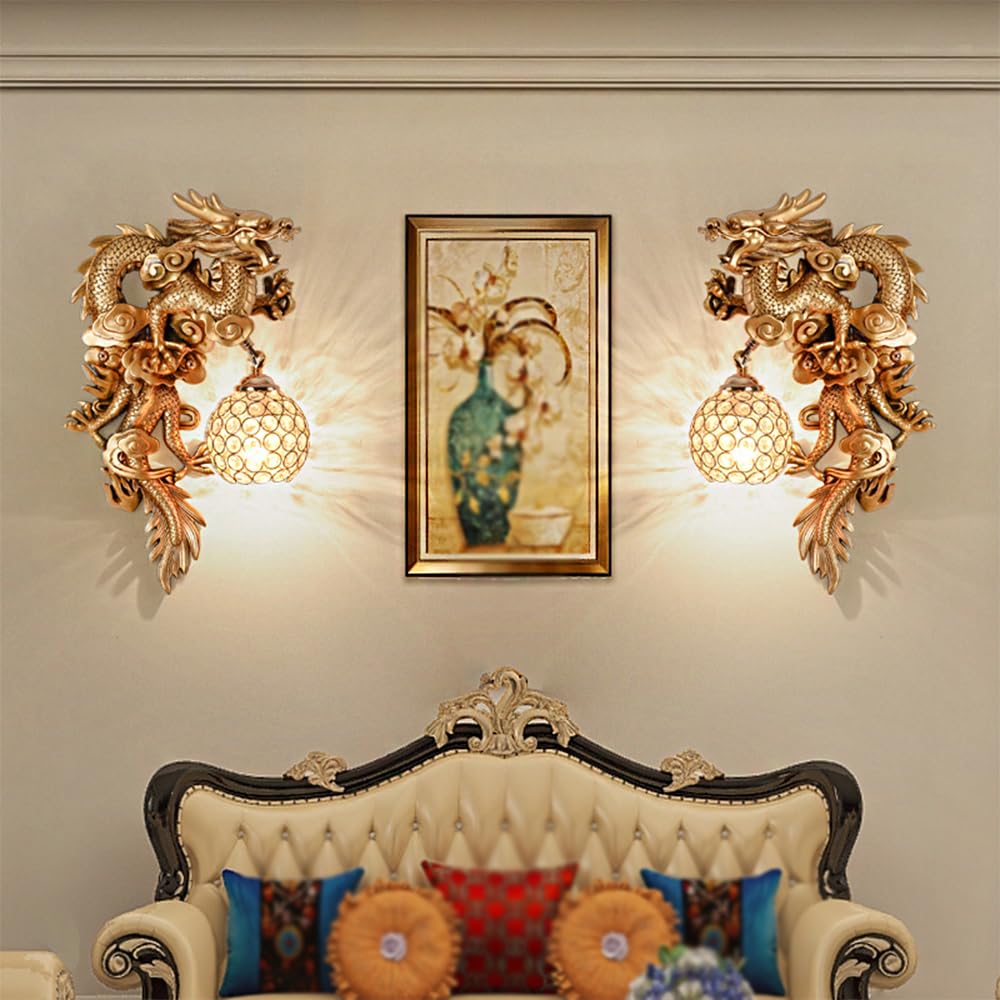 Golden Dragon Sculpture + Maple Red Apszade, lampa ścienna hotelowa w stylu południowo -wschodnim, lampa zewnętrzna,Left