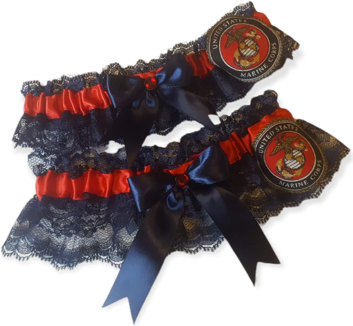 Handcrafted Red & Navy Blue Wedding 2pc Garter Set Made Using Marines Fabric