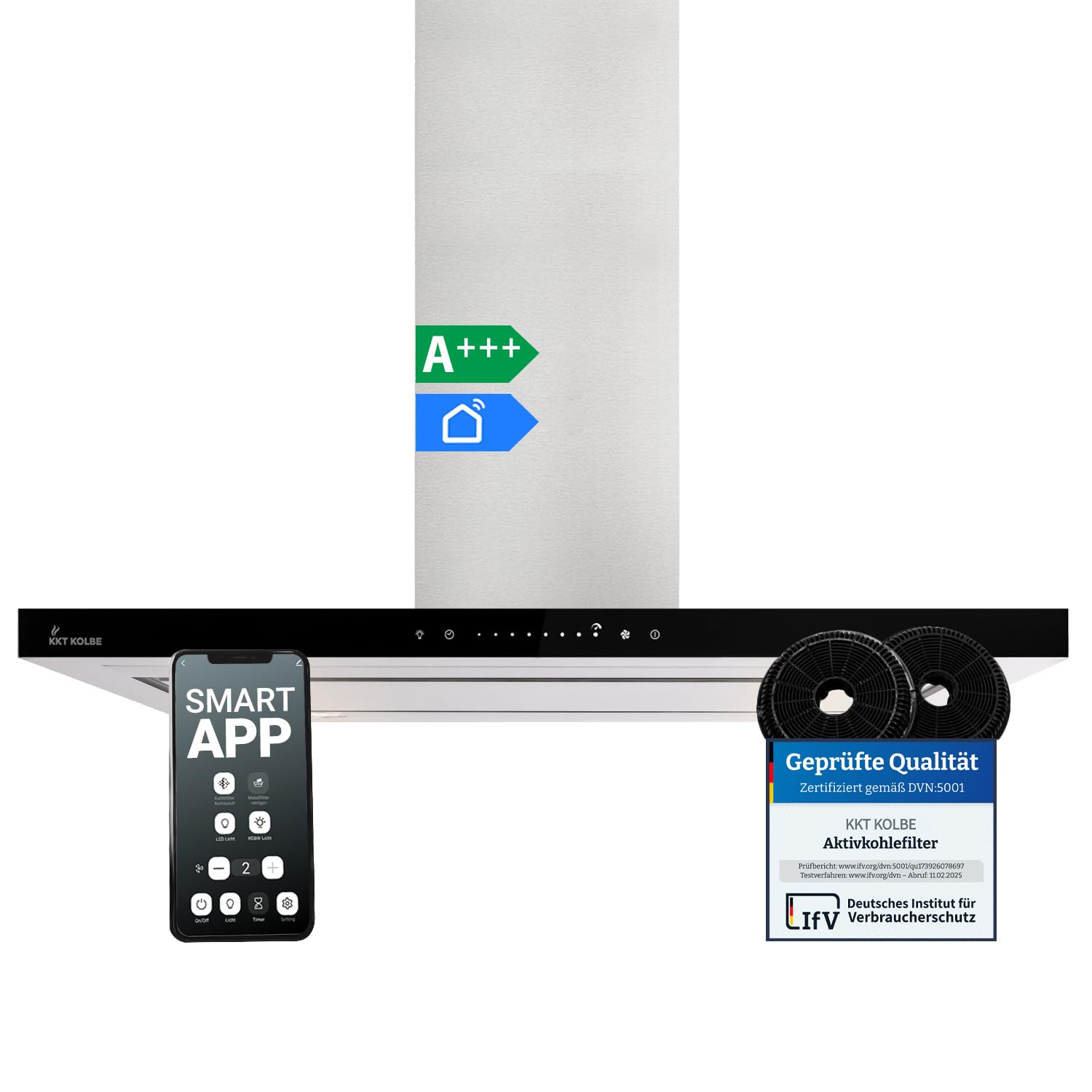 KKT KOLBE A+++ Dunstabzugshaube 90 cm 680 cbm/h Inselhaube Abluft Umluft Edelstahl Silber Schwarz Glas Smart WiFi WLAN App Nachlaufautomatik SensorTouch FLAT-INSEL-6