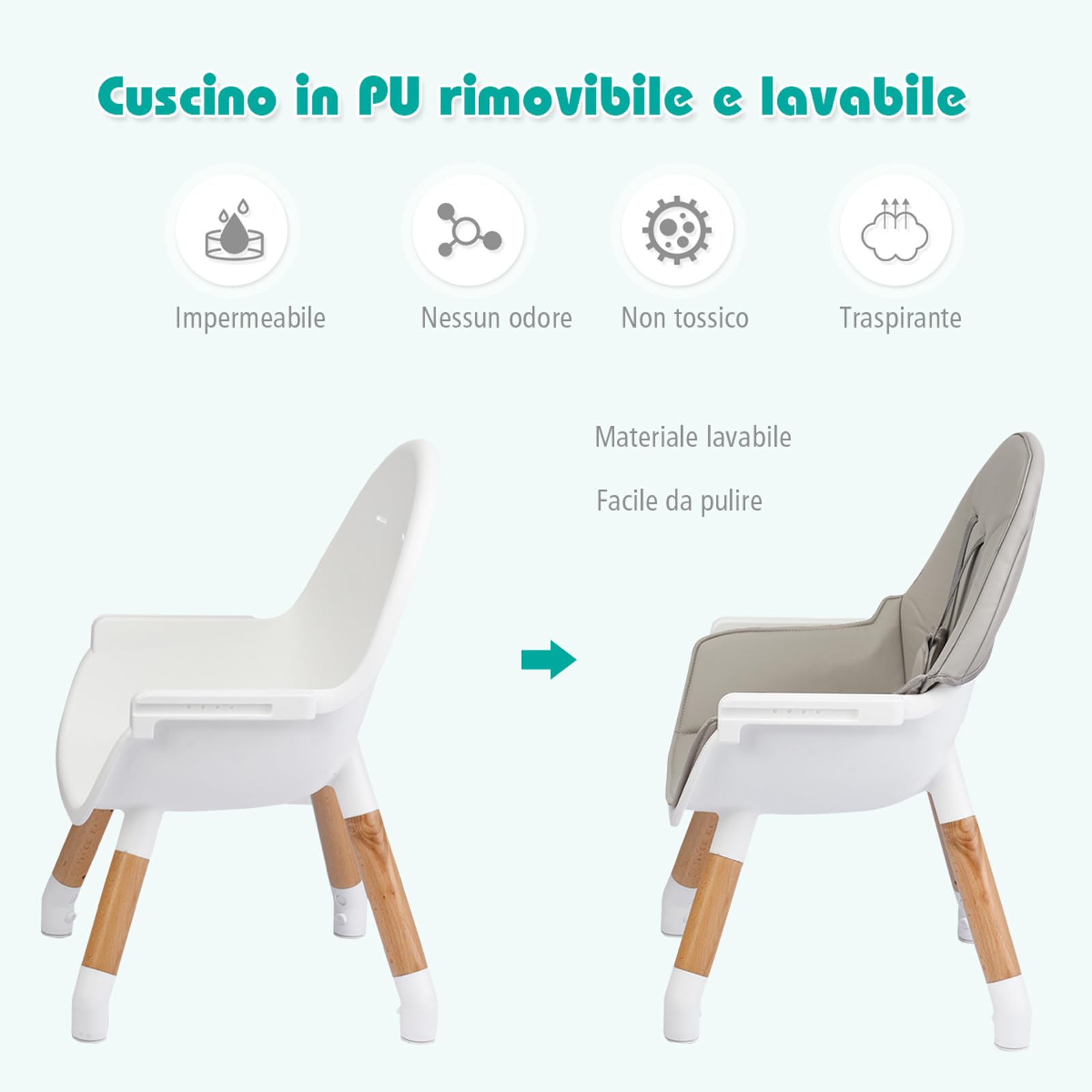COSTWAY 4 in 1 Seggiolone Pappa, Seggiolone Evolutivo per Neonati Convertibile, con Cintura di Sicurezza, Vassoio Rimovibile, per Bambini 6-36 Mesi (Grigio)