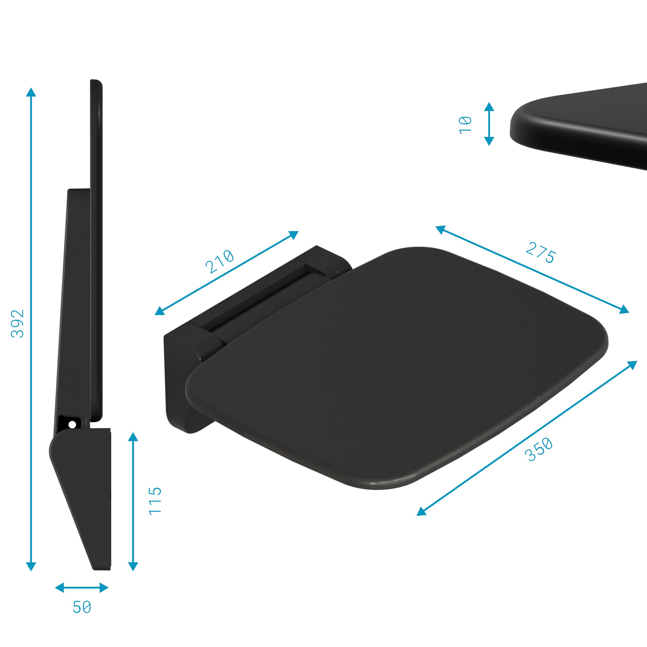 Aqua Bagno | Asiento plegable de ducha para montaje en pared, soporta hasta 160 kg | Asiento de ducha plegable negro para personas mayores