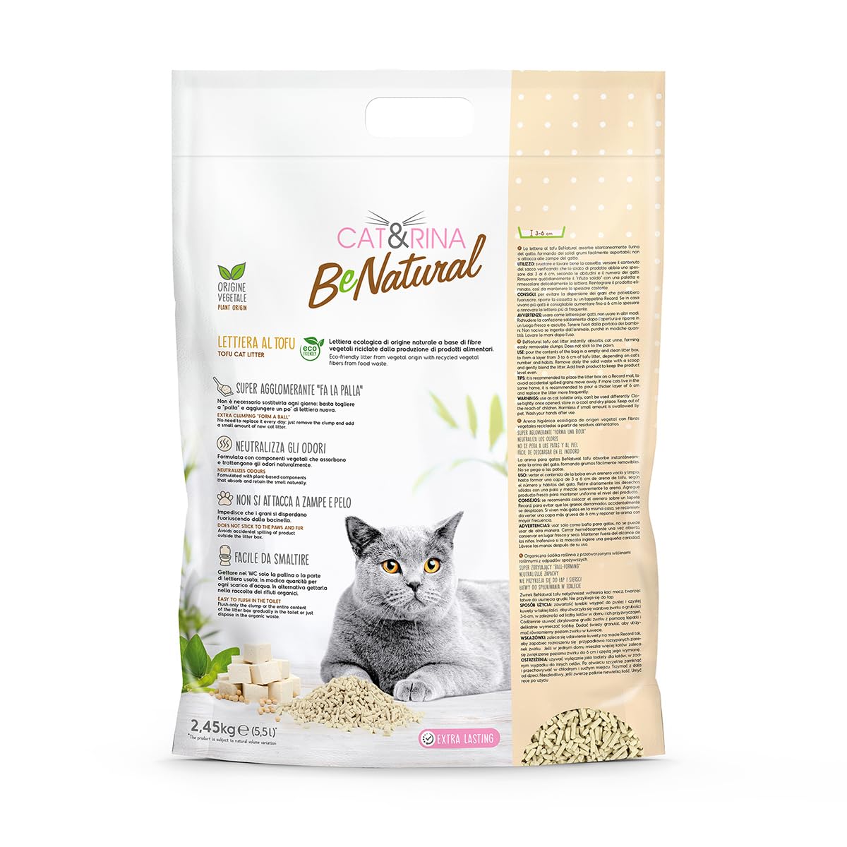 Cat&Rina BeNatural, lettiera per gatti al tofu da 5,5l. Lettiera gatto agglomerante di origine vegetale. Fino a 30 giorni di utilizzo. Si smaltisce nell'organico o nel wc. Sabbia gatti classica.