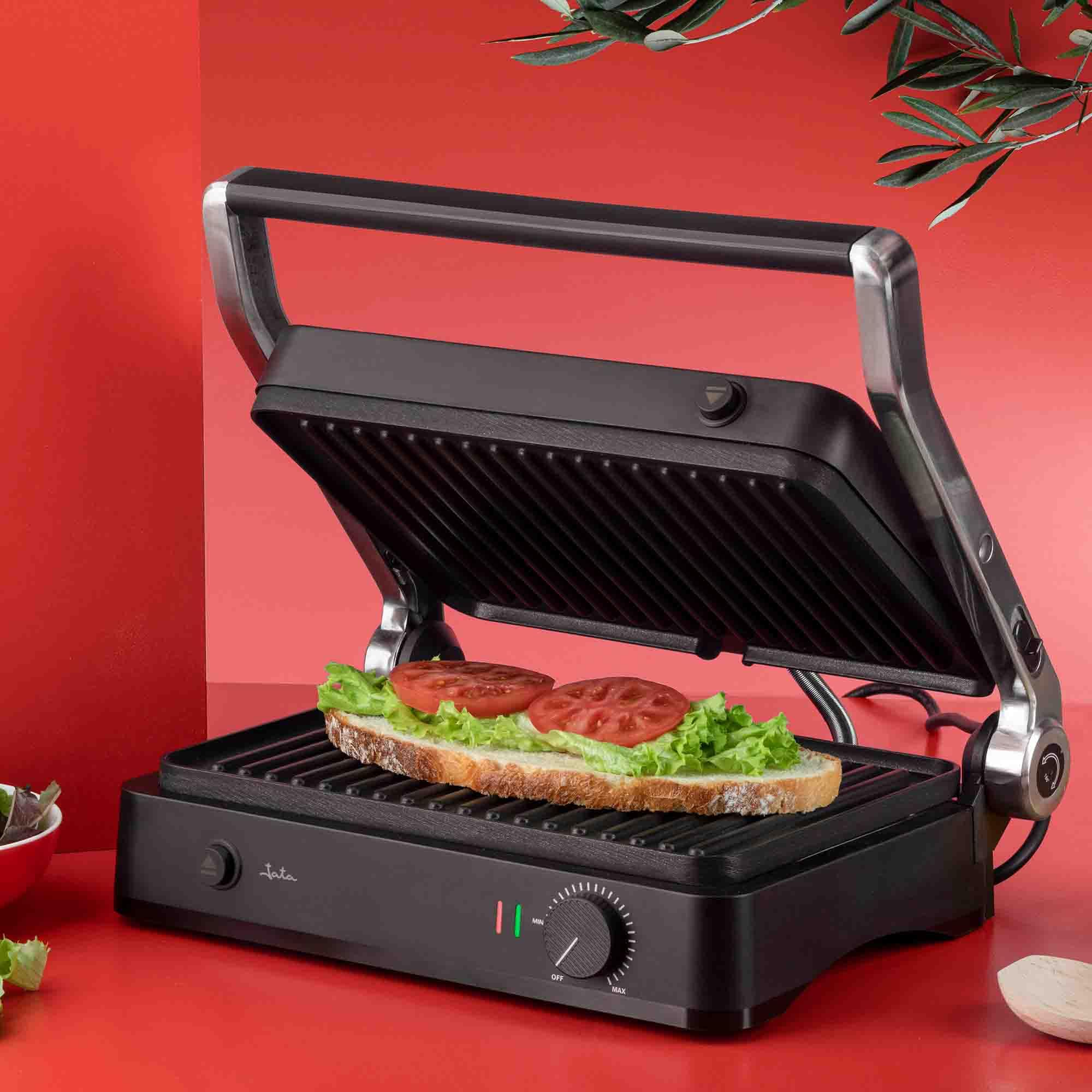 JATA JEGR1450 Elektryczna parka, grill, opiekacz do kanapek, Panini, 2000 W, otwór 180°, wyjmowane płyty nieprzywierające: 29,6 x 21,8 cm, pojemnik na śmieci.