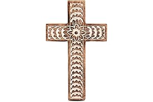EDHAS:Mango Wood White Cross Wall Decor with Floral Design