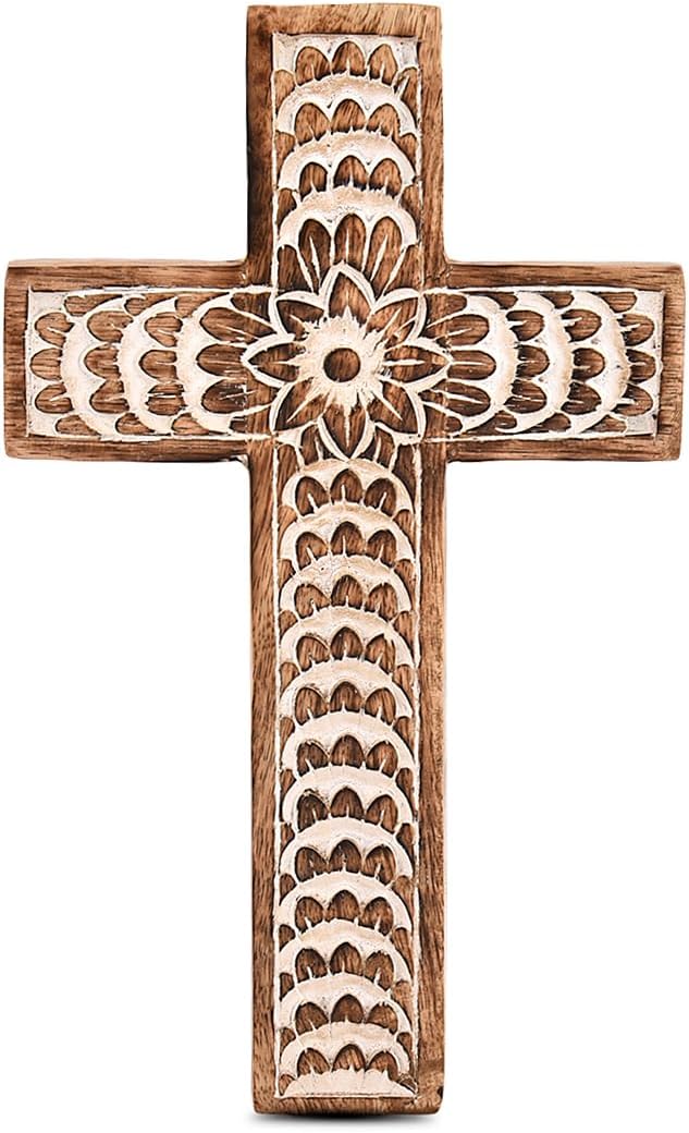 EDHAS Mango Wood White Cross Carved Floral-Design Family Cross Decor,Home Decoration (10" x 6" x 0.5")