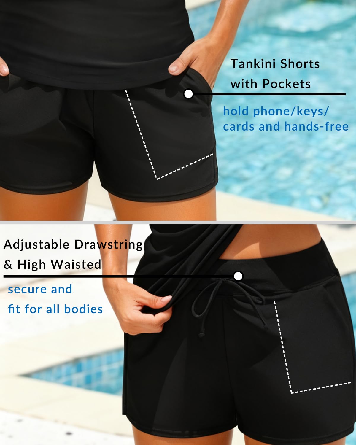 Yonique Tankini-Badeanzug mit Bügel und Shorts für Damen, zweiteiliger Bauchweg-Badeanzug, Bademode mit Taschen