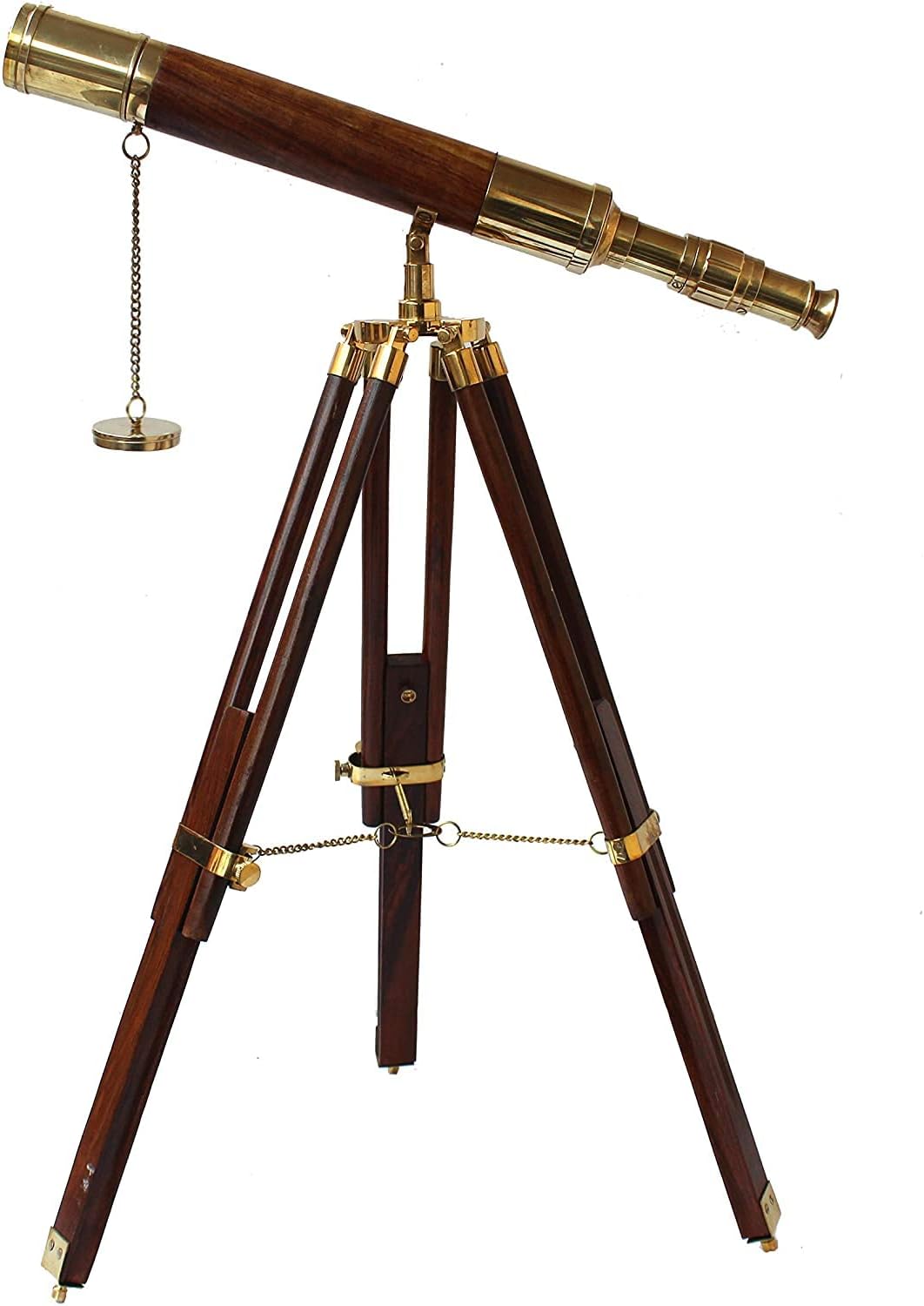 Vintage Table Decorative Shiny Brass Tube Telescope with Antique Wooden Tripod Stand