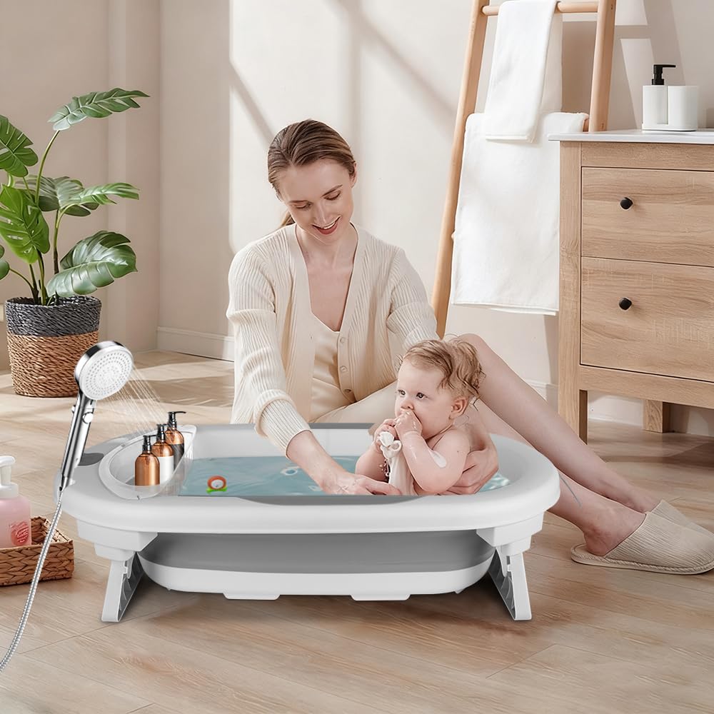 Bañera de bebé plegable con termómetro integrado, baño cómodo con soporte de almacenamiento, ideal para ducha, fácil de limpiar, incluye colchón y gorro de baño (gris)