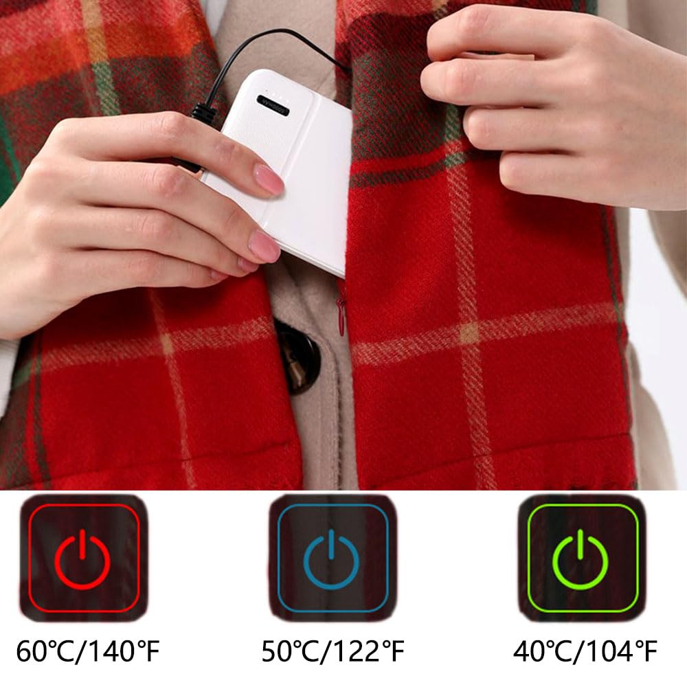 TopHomer Sciarpa riscaldata elettrica, sciarpa riscaldata, sciarpe riscaldate ricarica USB, sciarpe a collo lungo grande griglia per inverno sciarpa riscaldata elettrica calda, Rosso, 200*33cm