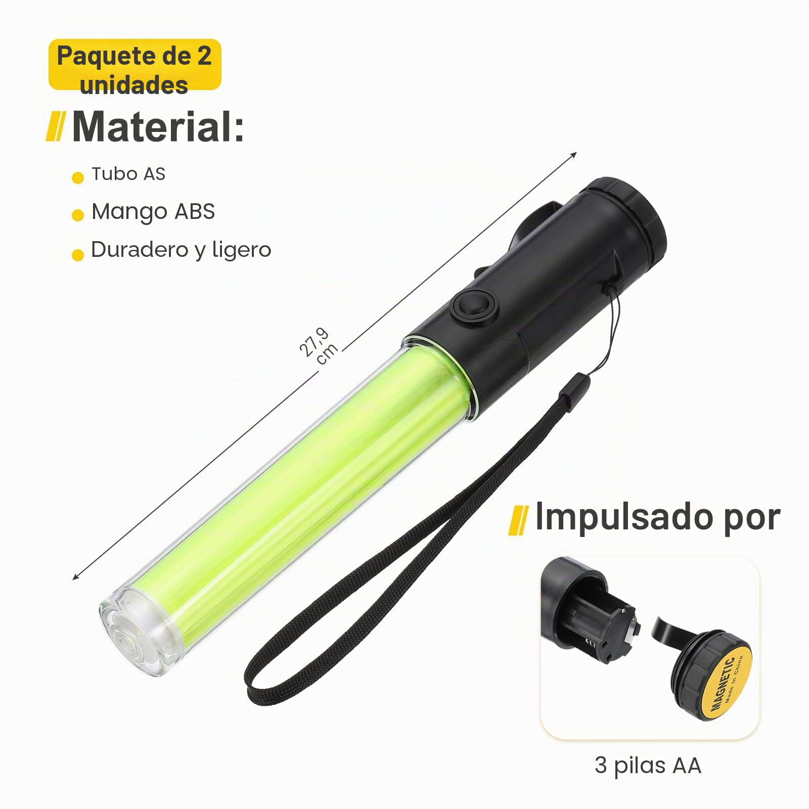 PATIKIL Pack de 2 Varillas de Señalización de Tráfico de 11 Pulgadas, Linterna LED de Control de Tráfico Aéreo con 3 Modos de Destello, Clip Lateral, Correa de Muñeca y Cordón, Amarillo