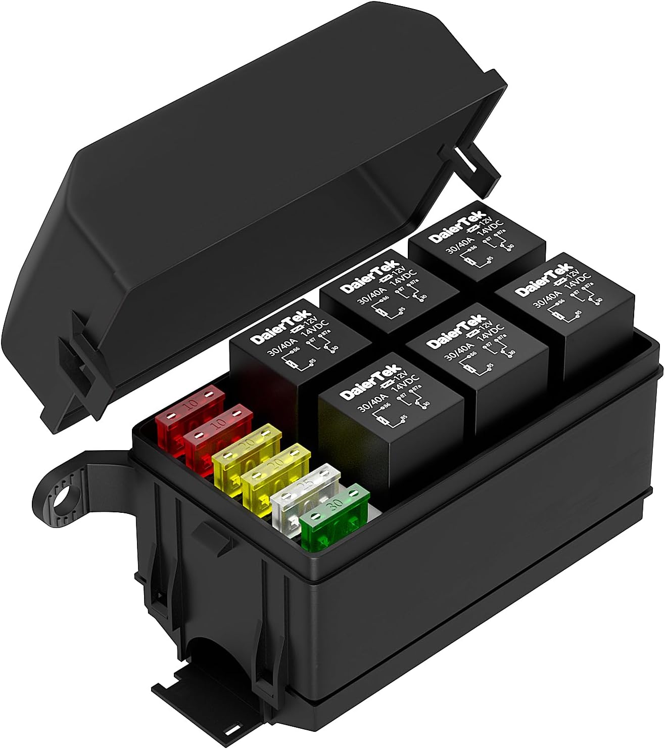 DaierTek 12V Relay Box 6 Way12 AWG Pre-Wired Waterproof Relay Box 6 Slot ATC/ATO Fuse Relay Block Universal Relay Panel for Automotive Car Marine Boat