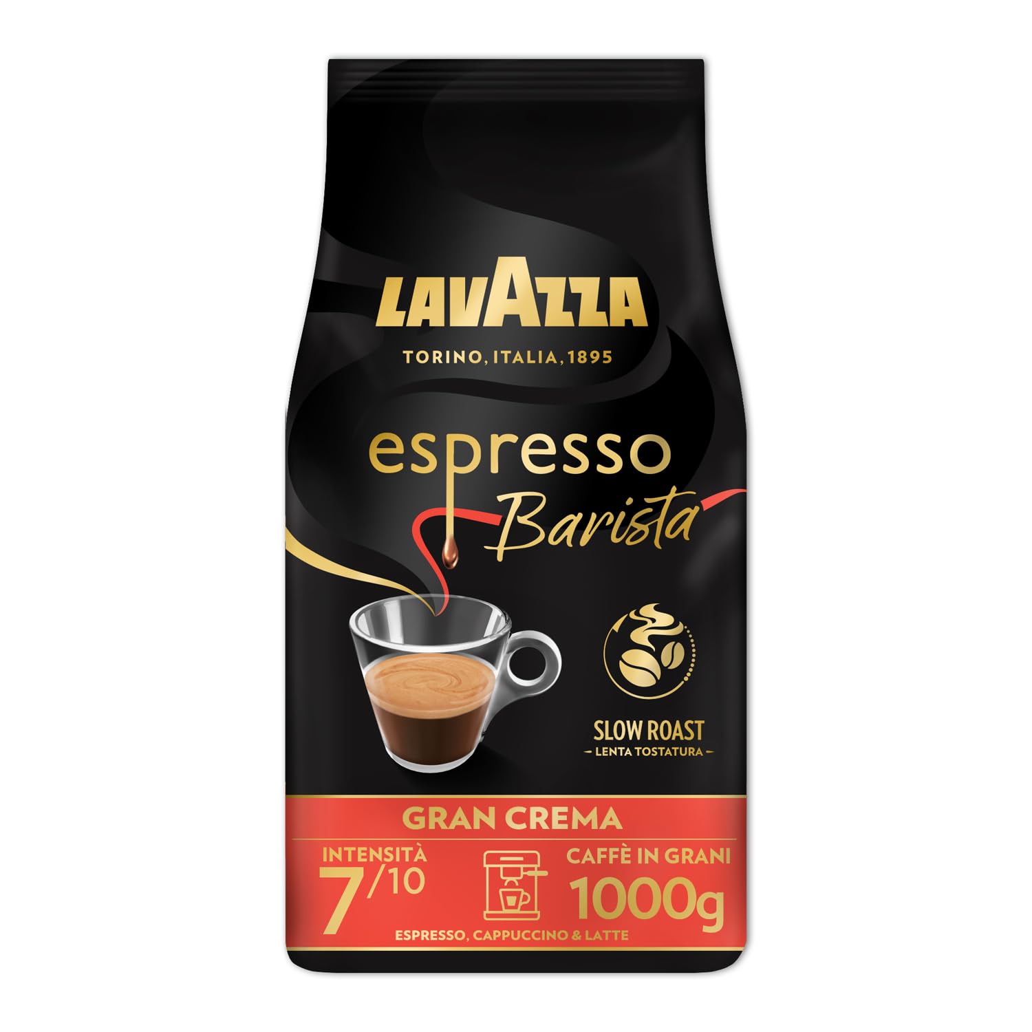 Lavazza, Espresso Barista Gran Crema, Caffè in Grani Tostati a Tamburo, Ideali per Macchine da Caffè Espresso, Note Aromatiche di Fiori, Arabica e Robusta, Intensità 7/​10, Tostatura Leggera, 1 kg