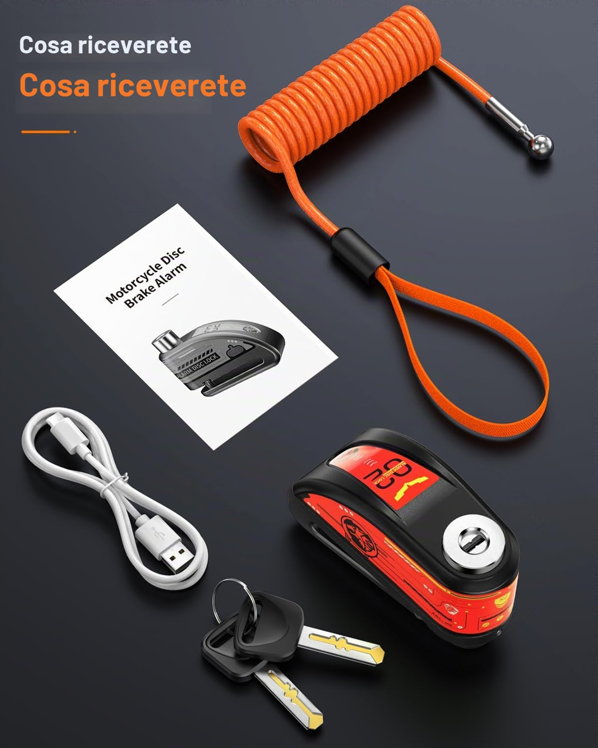 ZEXMTE Blocco freno a disco impermeabile per moto con allarme 120dB | Allarme per moto ricaricabile, blocco freno a disco con cavo antifurto in filo di acciaio da 1,8 m, per moto e scooter da 7