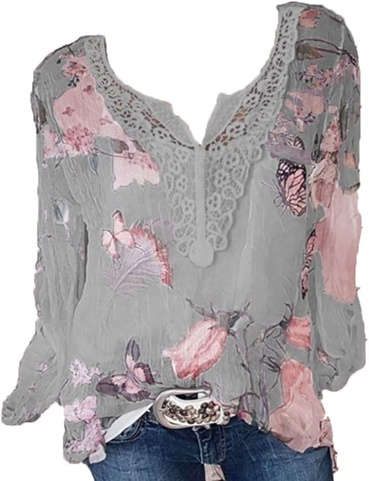 Fankle Sale Blouse Shirt for Women Boho Chiffon Lace Long Sleeve V-Neck Floral Print Sheer Blouses Tops T Shirt