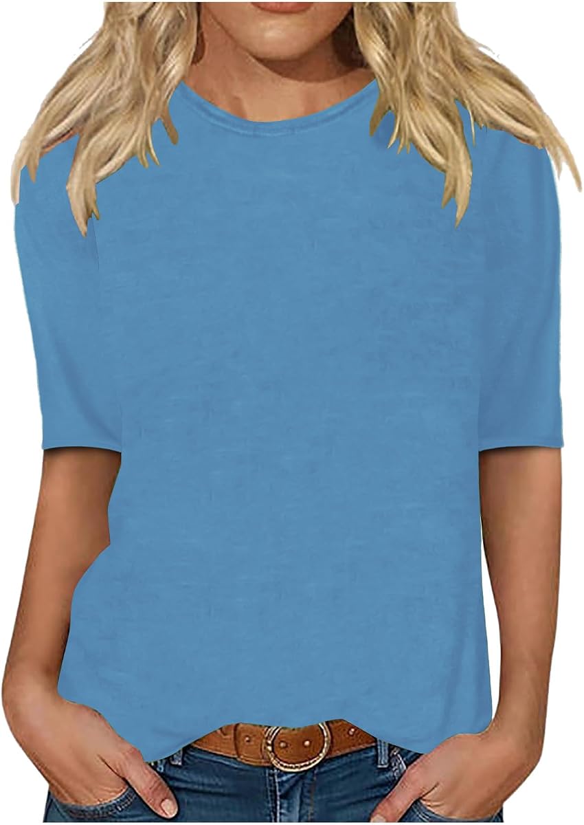 LRMQS-Camiseta de media manga para mujer, Tops de Color sólido, blusa con cuello redondo a la moda, ropa de mujer 2025