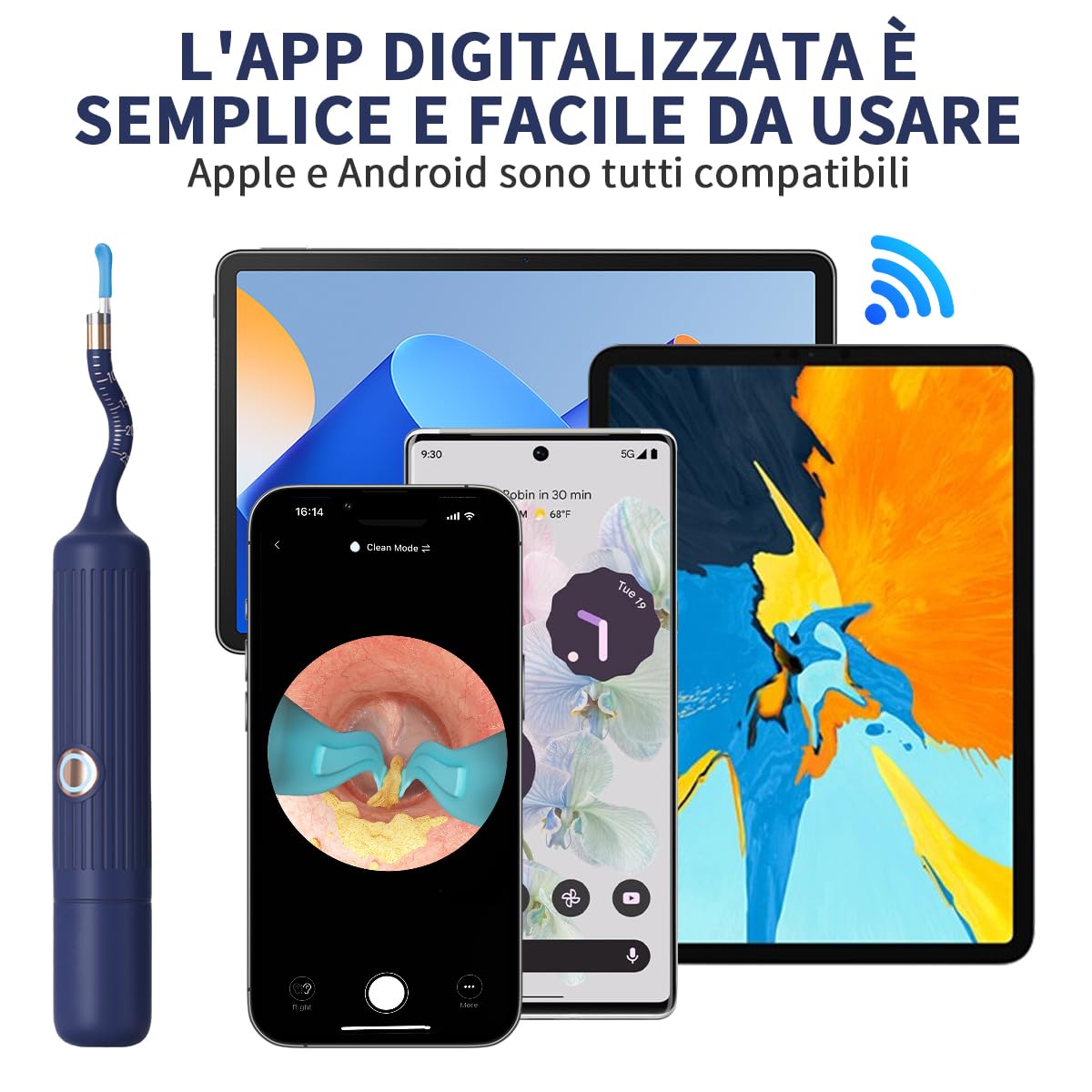 Pulizia Orecchie,Otoscopio Digitale,Ultra HD Flessibile Pulizia Orecchie con Accessori di Ricambio Vari,Kit Rimozione Cerumeper Orecchie,Naso,Gola,Adatto per Adulti e Bambini