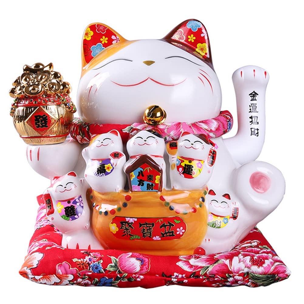 CTRLZS 7Inch Ceramic Beckoning Cat Maneki Ornament Feng Shui Decoration Swing,A