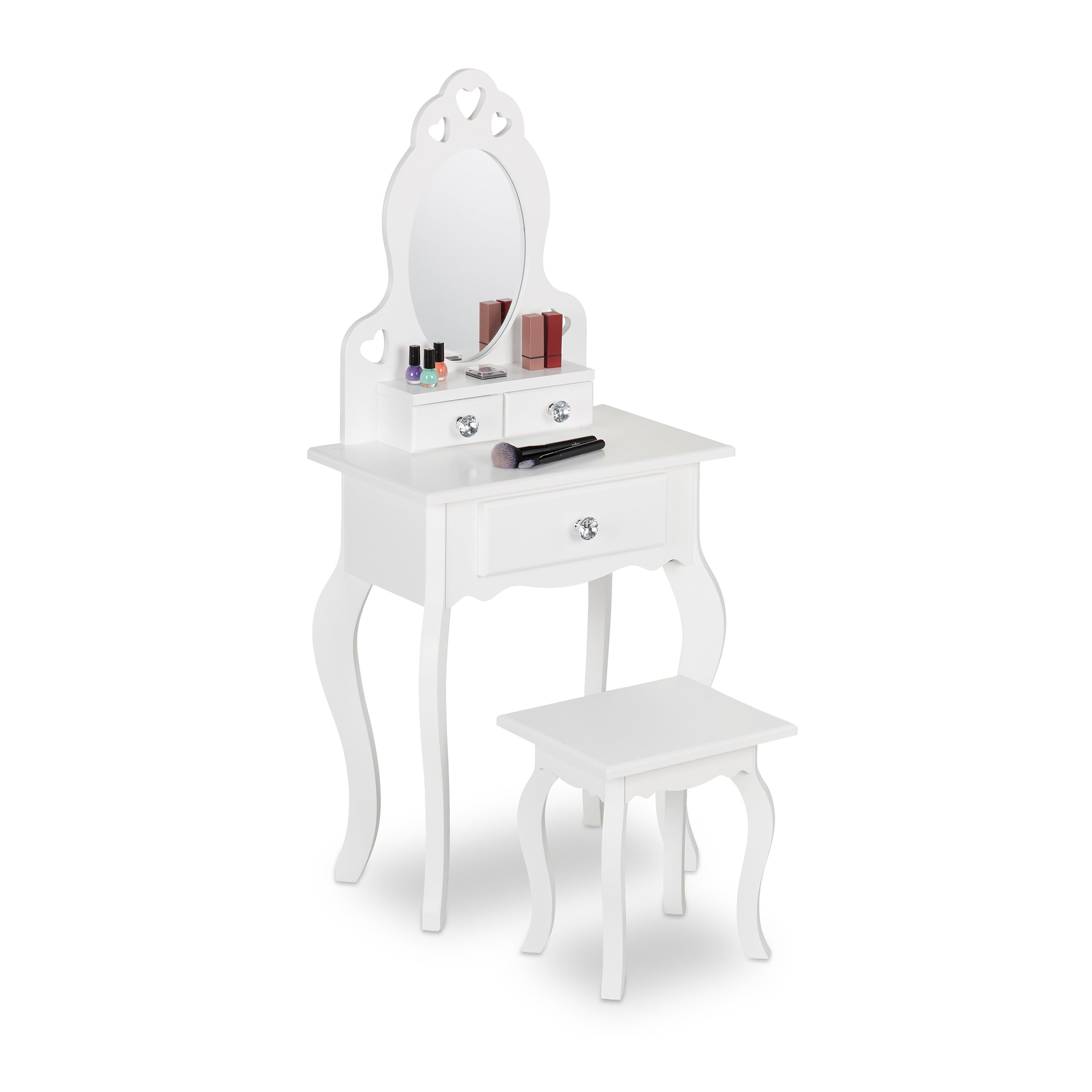 Relaxdays Toeletta Trucco Bambina, Tavolino con Specchio e Sgabello, HLP: 110 x 50 x 30 cm, a Partire dai 3 Anni, Bianco