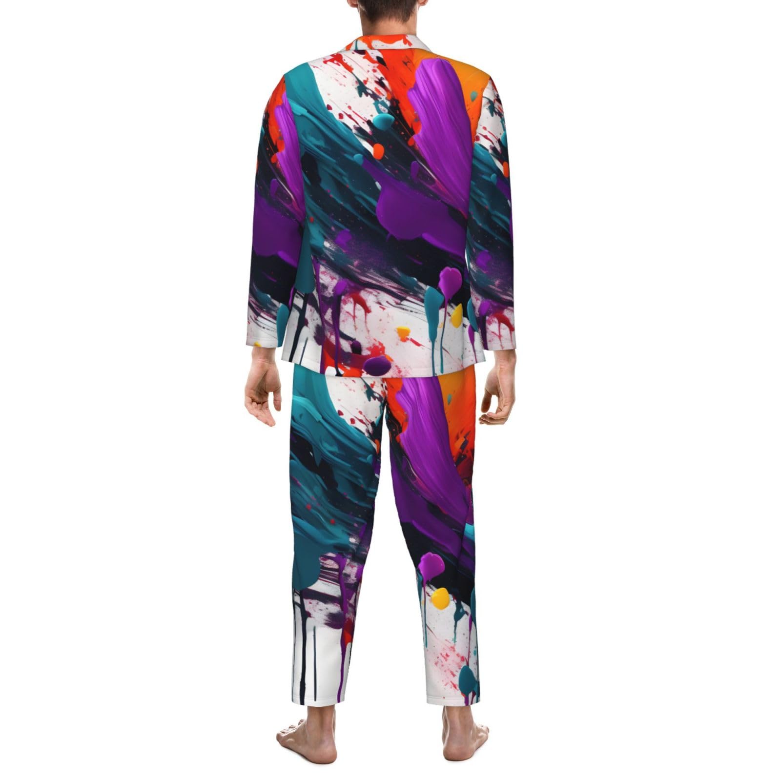 Herren-Pyjama-Set mit Farbspritzer-Druck, langärmelig, zweiteilig, Hauskleidung, bequeme Nachtwäsche