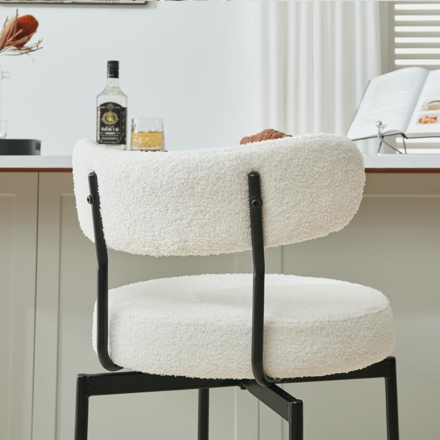 AODAILIHB Swivel Bar Stools Set of 2, Counter Height Bar Stool with Back and Metal Legs, High Top Island Chairs with Footrest, Sherpa Tall Kitchen Bar Chair Boucle White Bar Stools (White, Set of 2)