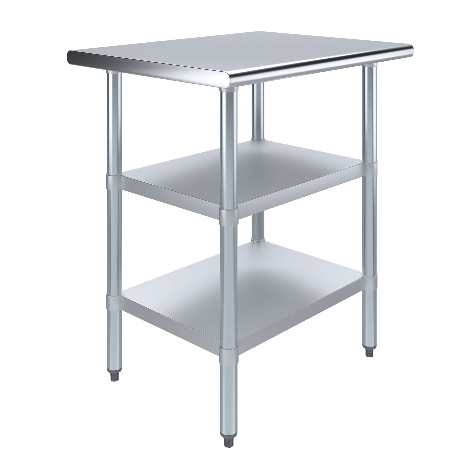 AmGood 30 in. Long x 24 in. Deep Stainless Steel Work Table with 2 Undershelves - NSF 18-Gauge 430 Top, Dual Galvanized Shelves | Commercial Prep Table, Adjustable Feet