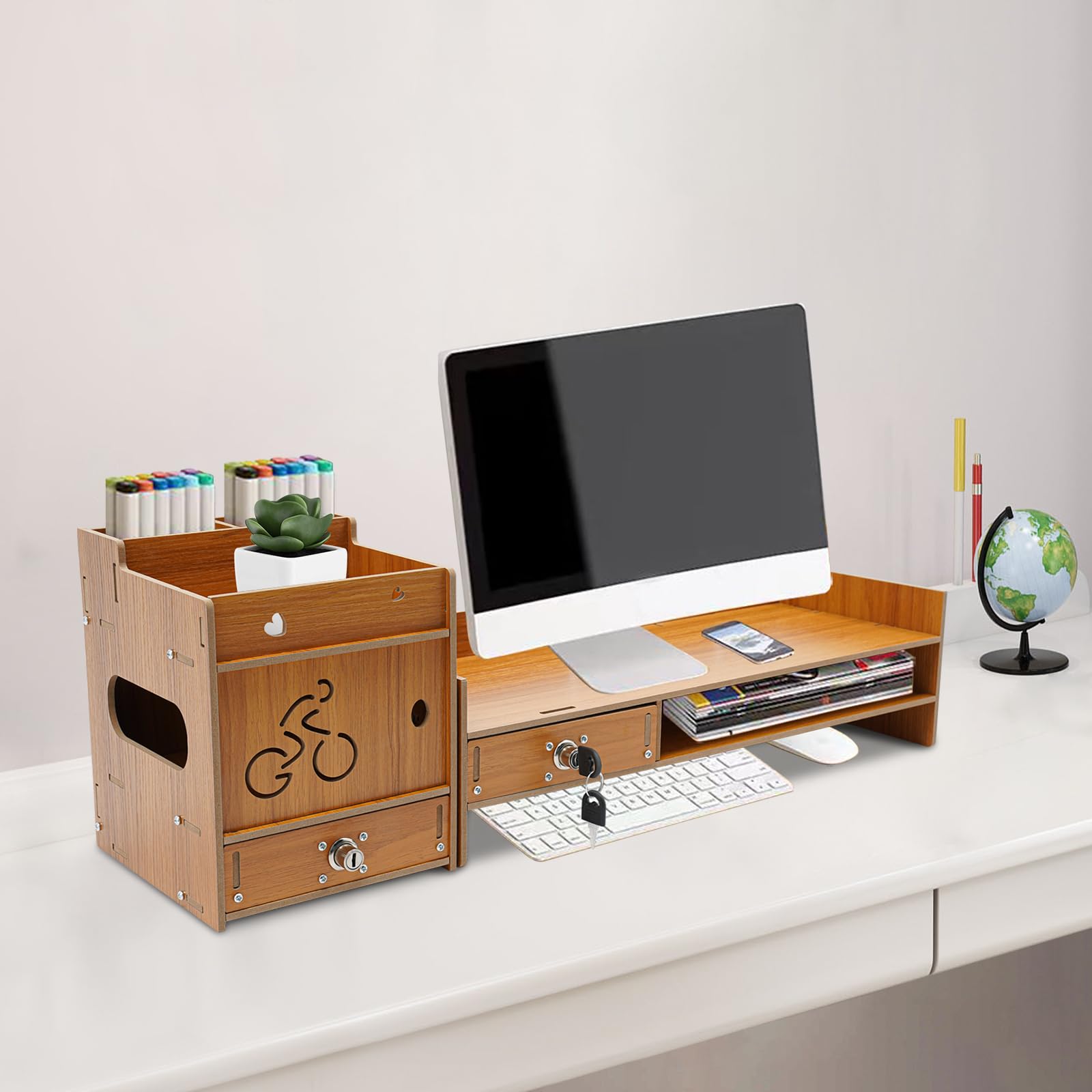 Stojak pod monitor z uchwytem na telefon komórkowy i szufladą, półka, 48 x 20 x 13,5 cm, drewniana podstawa, stojak na laptopa, laptopa, notebooka, drukarki