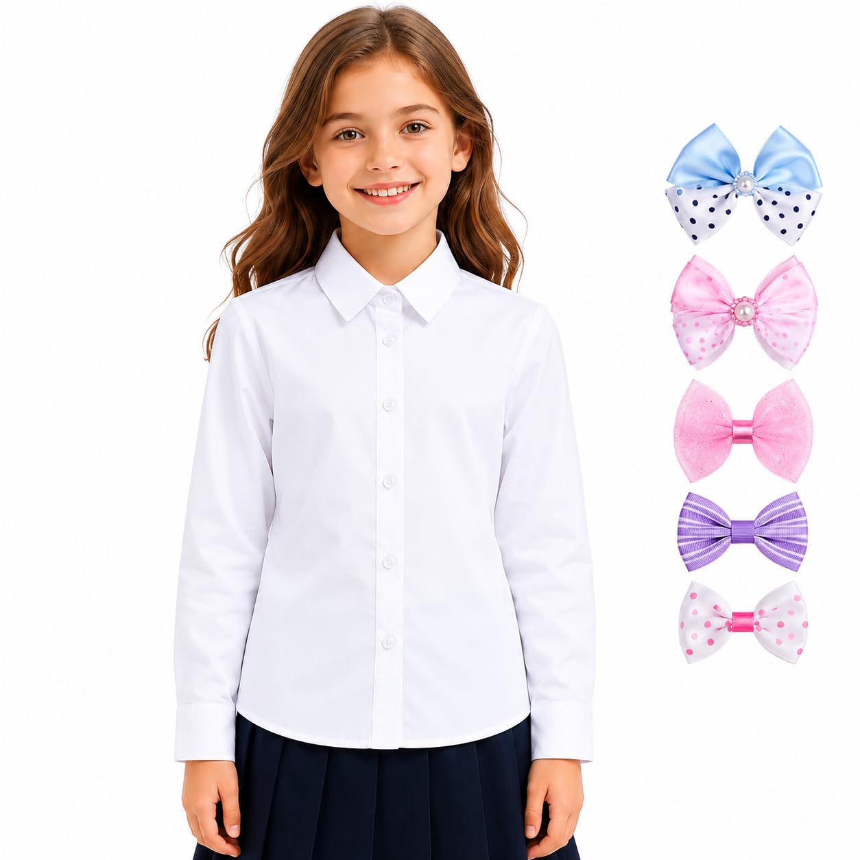 Bienzoe Camicia a maniche lunghe per ragazze: uniforme scolastica per bambini, con bottoni, in cotone Oxford, con papillon