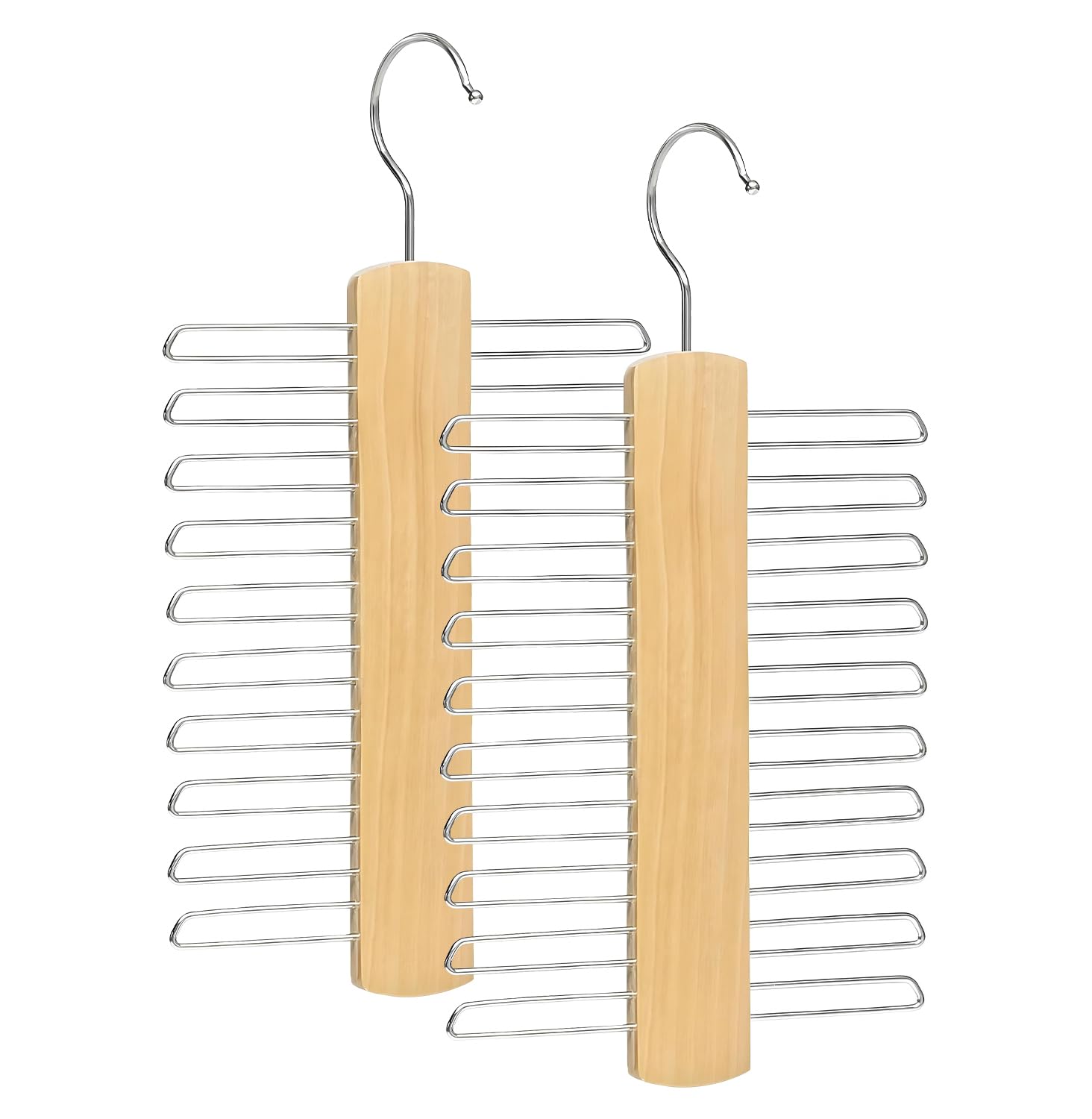 Winsome Pack Of 2 - Wood Tie Hanger Wooden Hangers Wardrobe Tie Organiser - Stylish Hanging Storage Rack With 20 Chrome Bars With Swivel Hook For Tie, Belt, Scarf Beech Wood Tie Rack Hanger (Pack Of 2 - Wood)