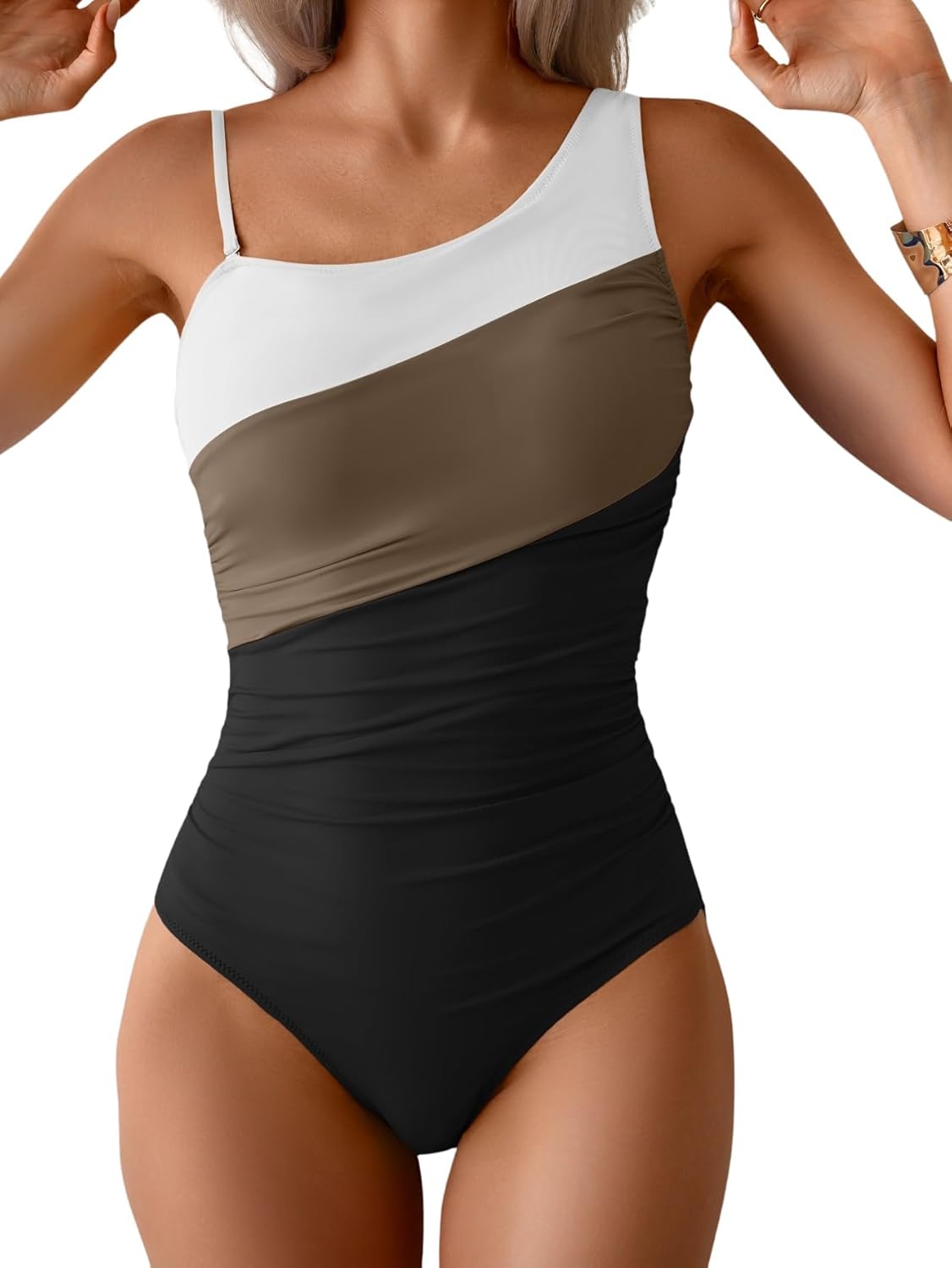Aidonger One Shoulder One Piece Swimsuit for Women Tummy Control Bathing Suits Color Block Ruched Swim Suit Slimming Swimwear