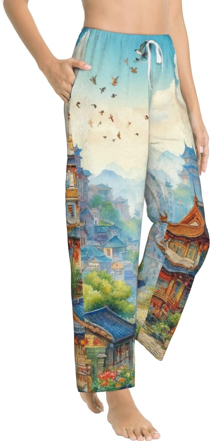Women'S Cartoon-Ancient-Pagodas Fleece Pajama Pants, Cozy Flannel Lounge Bottoms For Women