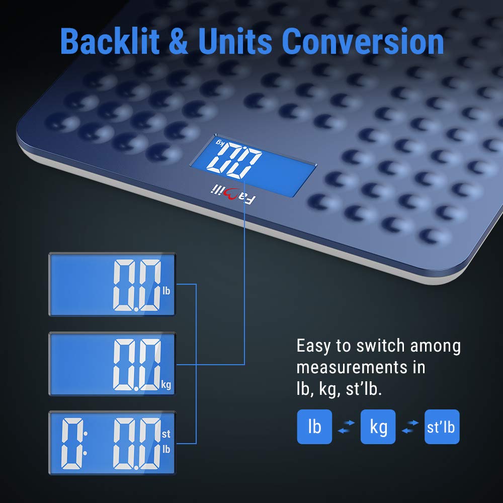 Famili scale display showing different unit conversions: pounds (lb), kilograms (kg), and stone (st).