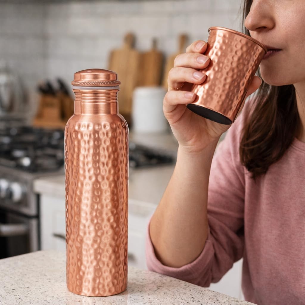 Copper Water Bottle,Hammered Ayurvedic Pure Copper Bottle With Brush For Drinking - Drink More Water, Lower Your Sugar Intake And Enjoy The Health Benefits Immediately 32 Oz (950 ml) Extra Large