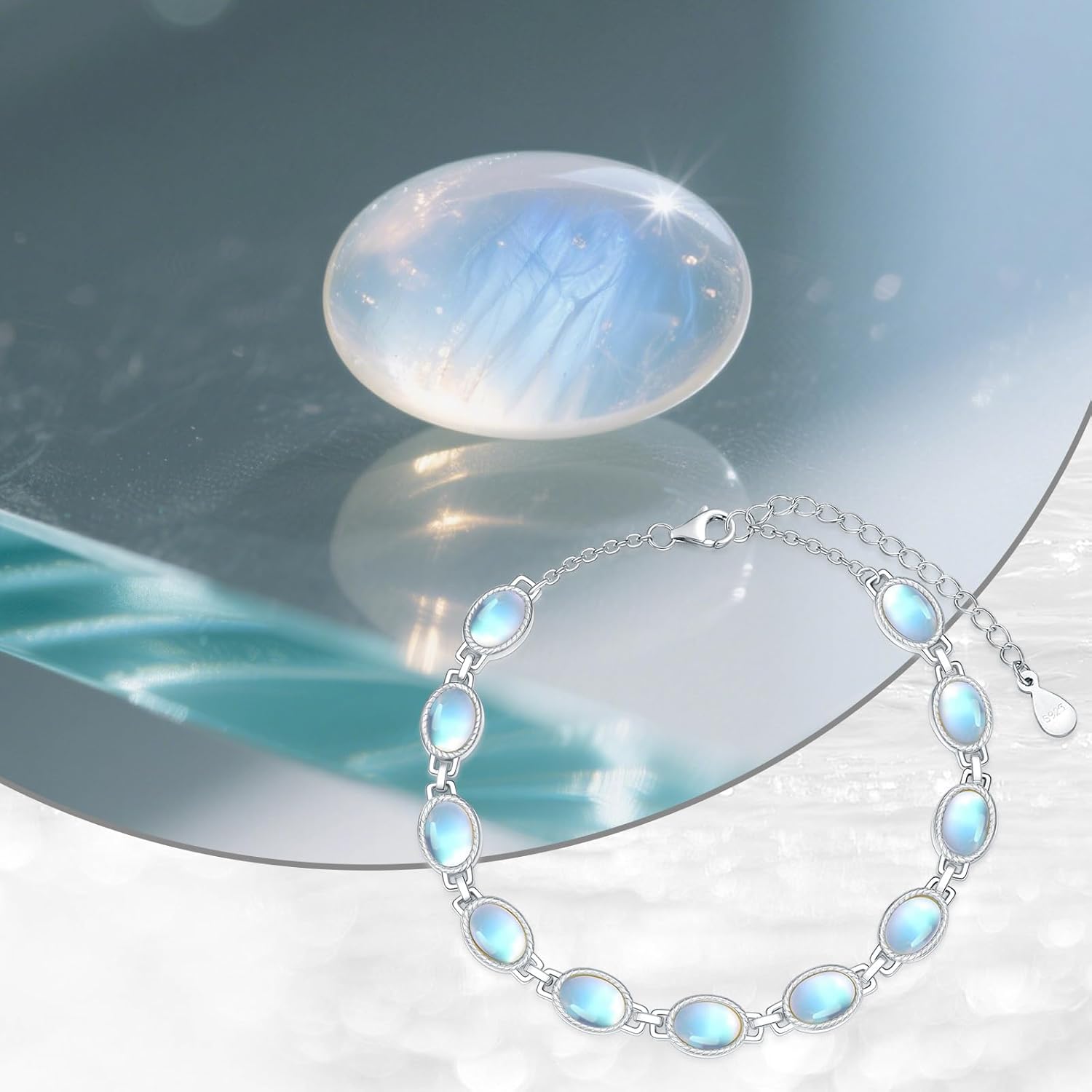 Moonstone Bracelet for Women 925 Sterling Silver 5X7mm Oval Shaped Moonstone Link Bracelet Ladies Jewelry Gifts 7 Inch with 2 Inch - Image 6
