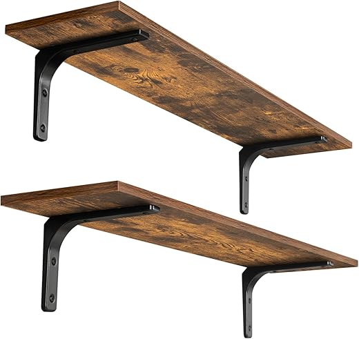 DINZI LVJ Long Wall Shelves, 31.5 Inch Wall Mounted Shelves Set of 2, Easy-to-Install, Wall Storage Ledges with Sturdy Metal Brackets for Living Room, Bathroom, Bedroom, Kitchen, Rustic Brown