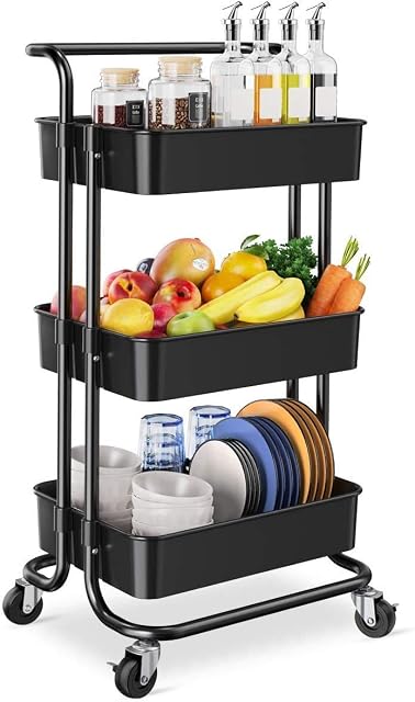 Storage Trolley Cart - 3 Tier Rolling Utility Organizer Rack, Craft Art Cart, Multi-Purpose Organizer Shelf, Tower Rack Serving Trolley for Office Bathroom Kitchen Kids Room Laundry Room, Black