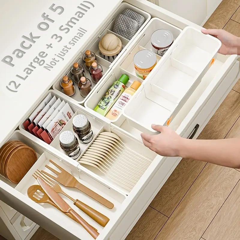 LIVINGBASICS Expandable Kitchen Drawer Organizer/Drawer Divider/Expandable Drawer Tray/Kitchen Drawer Organizer/Adjustable Kitchen Storage Organiser (White, 2 Large 3 Small)