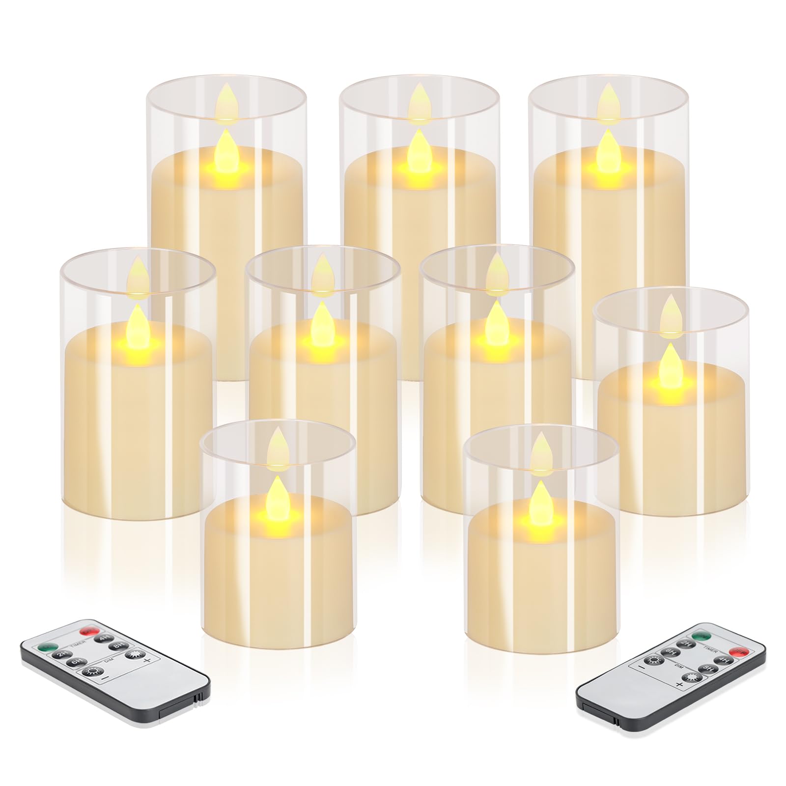 wemarry Flameless Candles 4" 5" 6" Acrylic Glass Pillars 3" Diameter Battery Operated Flickering Candles Include 8-Key Remote with Timer Function 400+ Hours (Pure White, Warm Light 9 Pack)