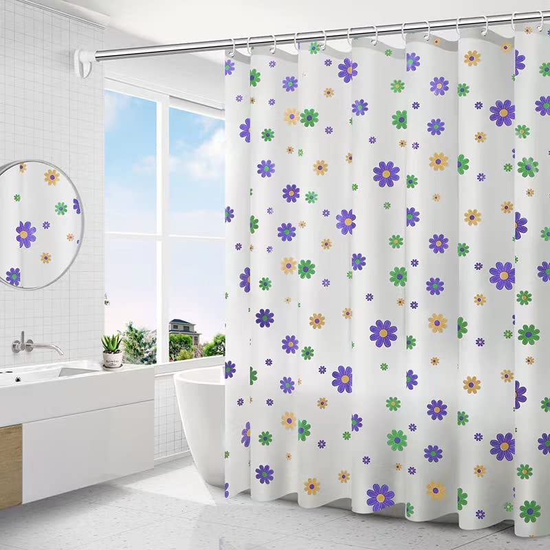 Windecood シャワーカーテン 防水防カビ加工 カーテンリング付属 シャワールーム用カーテン 浴室カーテン バスルーム バスタブ リング付属 お風呂場 浴室の目隠し (紫の花, 120×180cm)