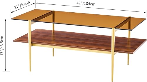 Miniatura 2 de Saint Mossi Tadio Double Layer Glass Coffee Table for Living Room, Brown Glass & Coffee Brown MDF Bottom Shelf | Double Layer, for Living Room,