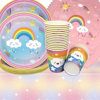 Regenbogen Geburtstag DekoDoyomtoy 61 St ck M dchen Partygeschirr Set Wei e Wolke Geburtstag Party Set Geburtstagsteller Tassen Servietten Regenbogen Geburtstags f r Kinder Party