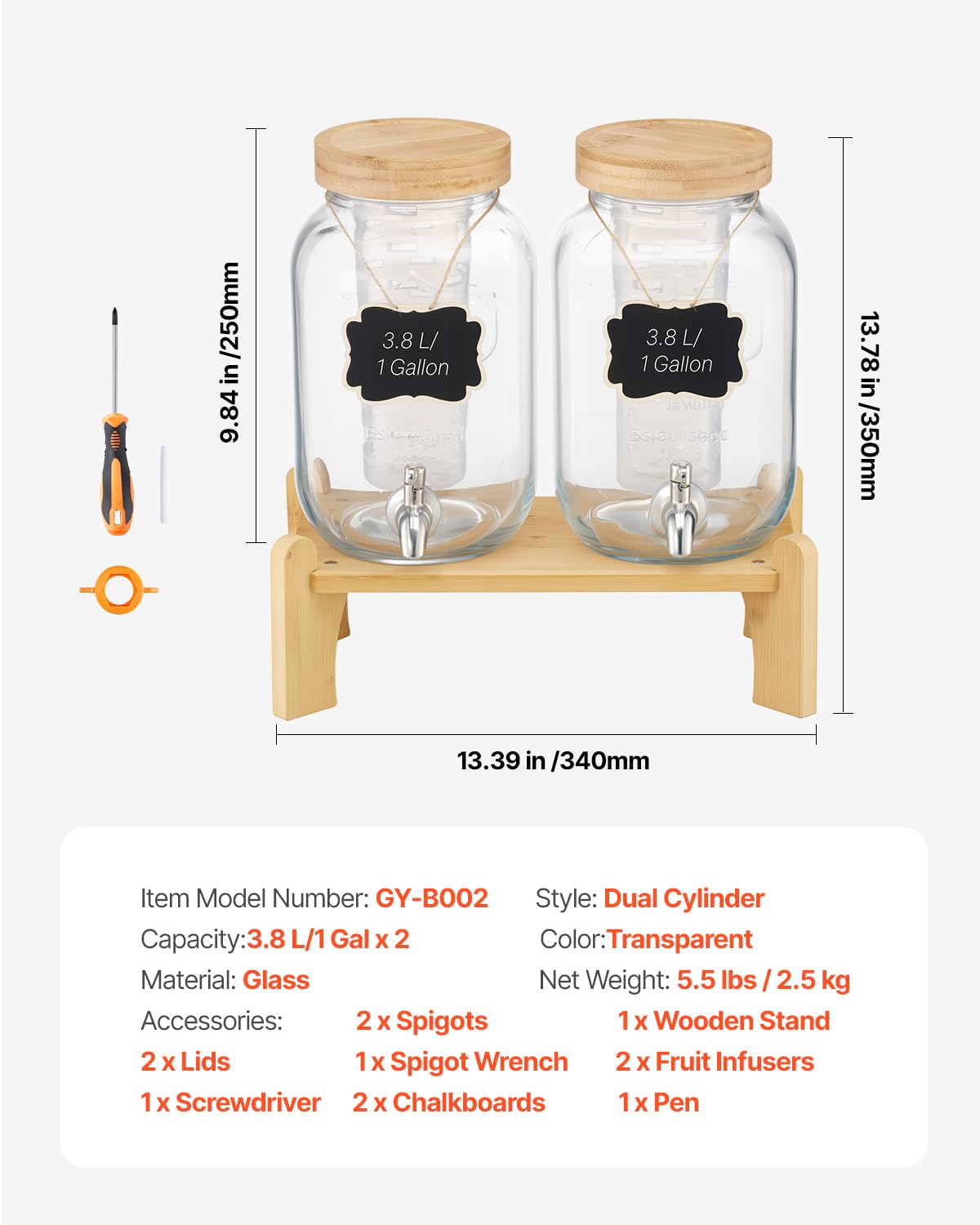 VEVOR Distributore di Bevande, 2 Pezzi da 3,8 L, Contenitore di Succhi in Vetro con Supporto in Legno, Rubinetto in Acciaio Inox, Infusore, Distributore di Tè Freddo, Limonata, per Feste