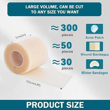 Hydrocolloid Roll for Wound Care, Hydrocolloid Bandages with Self-AdhesiveExtra Large Hydrocolloid Patch Bandages, with Ultra Absorbent, Flexible and Waterproof Properties (2in*4.8ft)