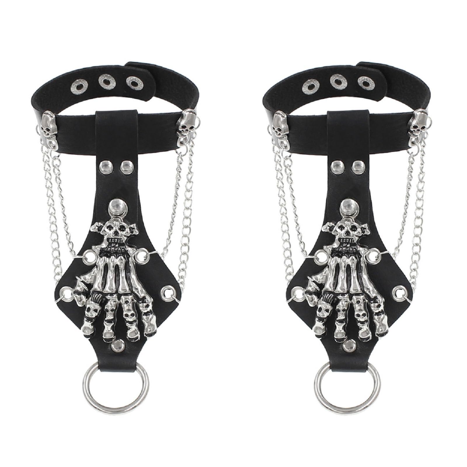 MIAO JIN 2Pcs Skeleton Hand Bracelet,Gothic Punk Rock Spike Skull Ghost Leather Cuff Bracelet Accessories With Claw Finger Wristband,Halloween Jewelry